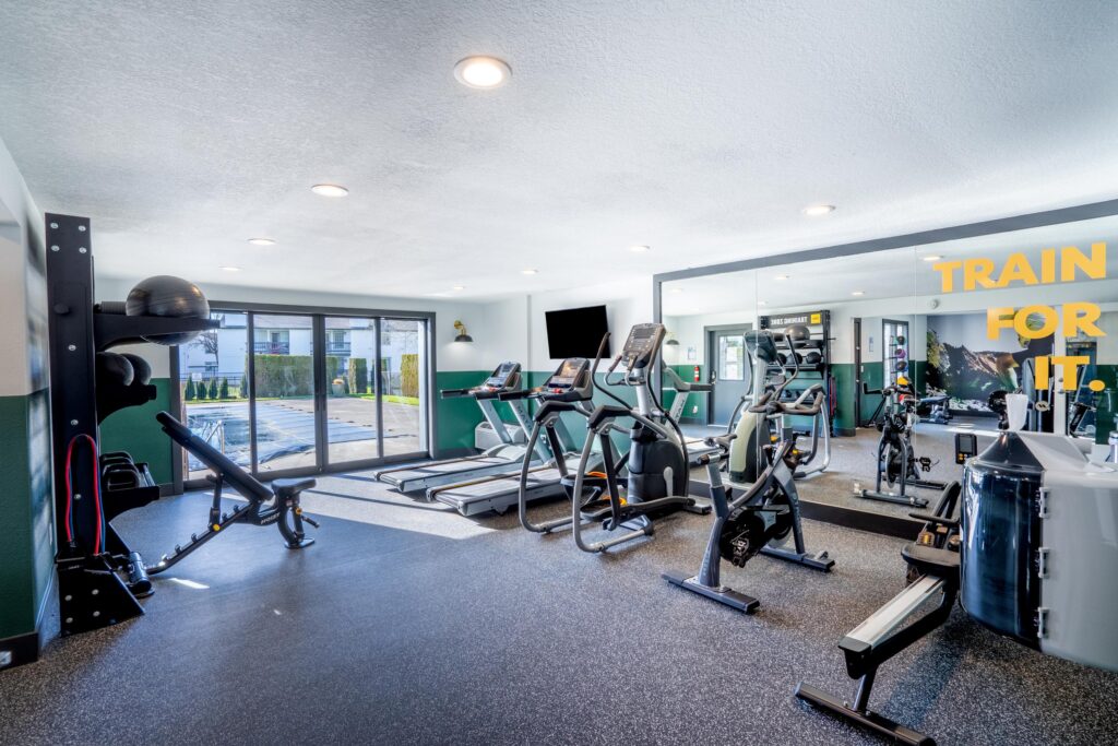 Modern gym with equipment and large windows.