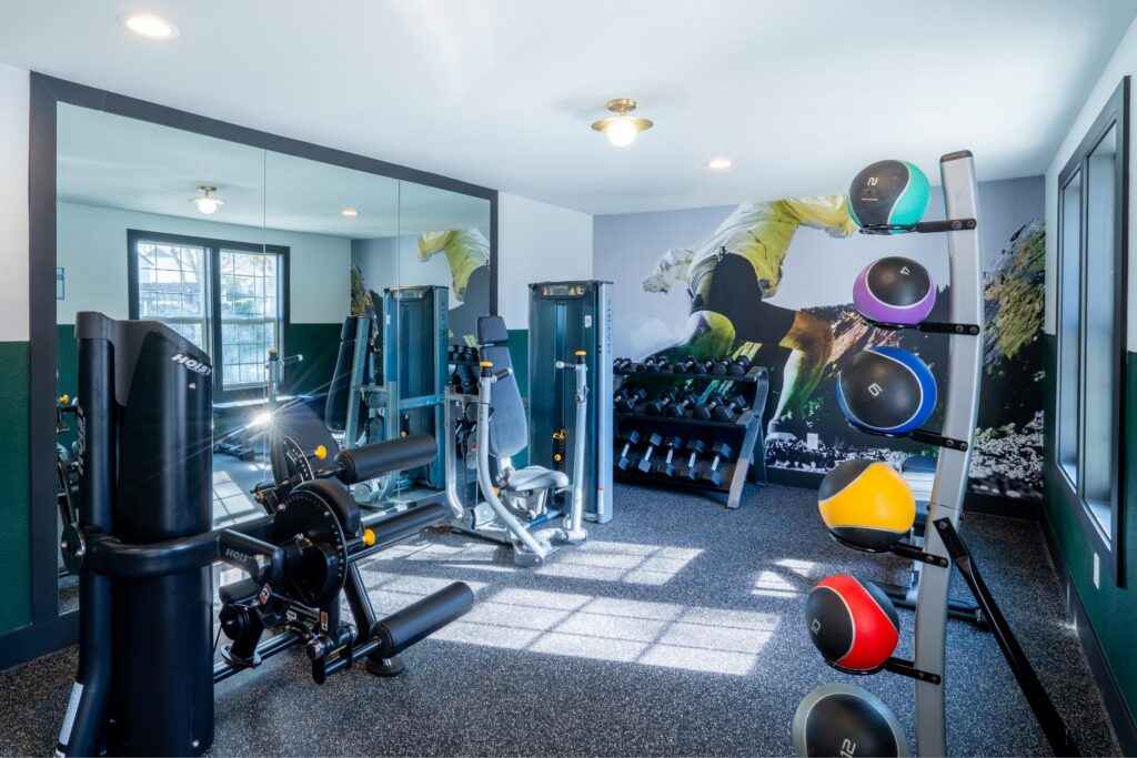 A modern gym with weight machines, a mirrored wall, and medicine balls.